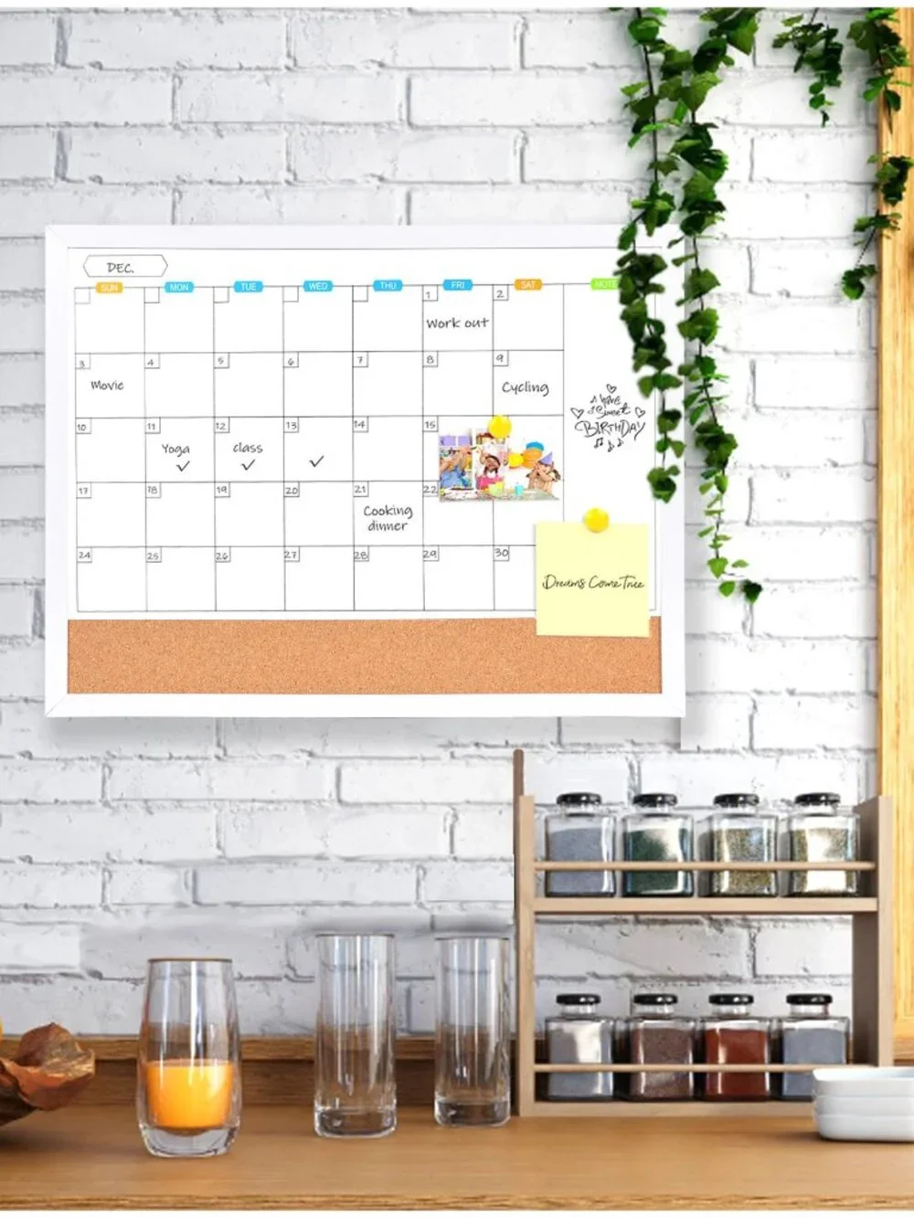 Monthly Whiteboard Calendar with Cork Board for Wall, 17